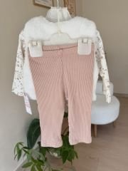 Pembe kürk yelekli 3’lü takım