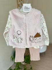 Pembe kürk yelekli 3’lü takım