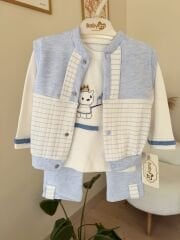 Bebe mavisi yelekli 3’lü takım