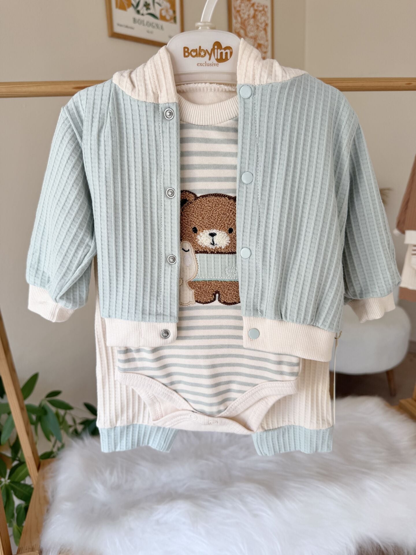 Yeşil ayıcık hırkalı 3’lü takım