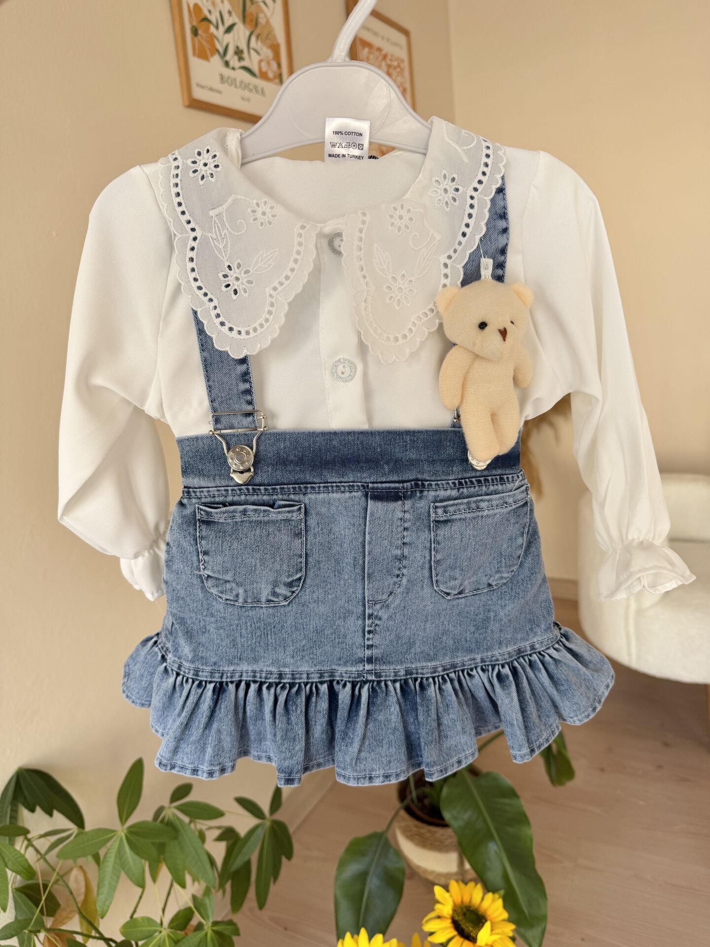 Dantel yaka ayıcıklı kot elbise