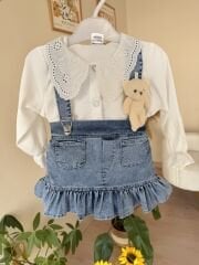 Dantel yaka ayıcıklı kot elbise