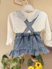 Dantel yaka ayıcıklı kot elbise