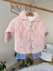 Pembe çiçekli kapitone ceketli 3’lü takım