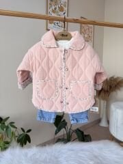 Pembe çiçekli kapitone ceketli 3’lü takım