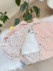 Pembe çiçekli kapitone ceketli 3’lü takım