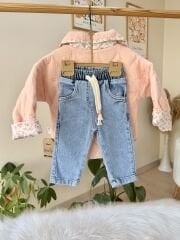 Pembe çiçekli kapitone ceketli 3’lü takım