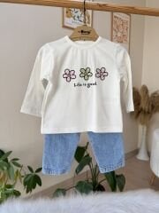 Pembe çiçekli kapitone ceketli 3’lü takım