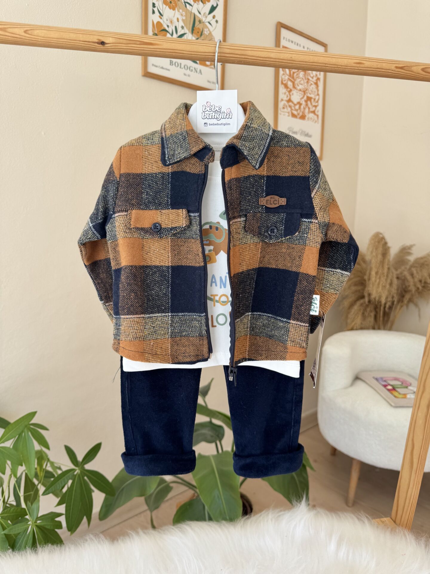 Kahve oduncu ceketli 3’lü takım