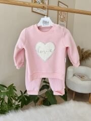 PREMİUM Pembe kalpli kürk detaylı 3’lü takım