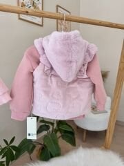 PREMİUM gül kurusu kalpli kürk detaylı 3’lü takım