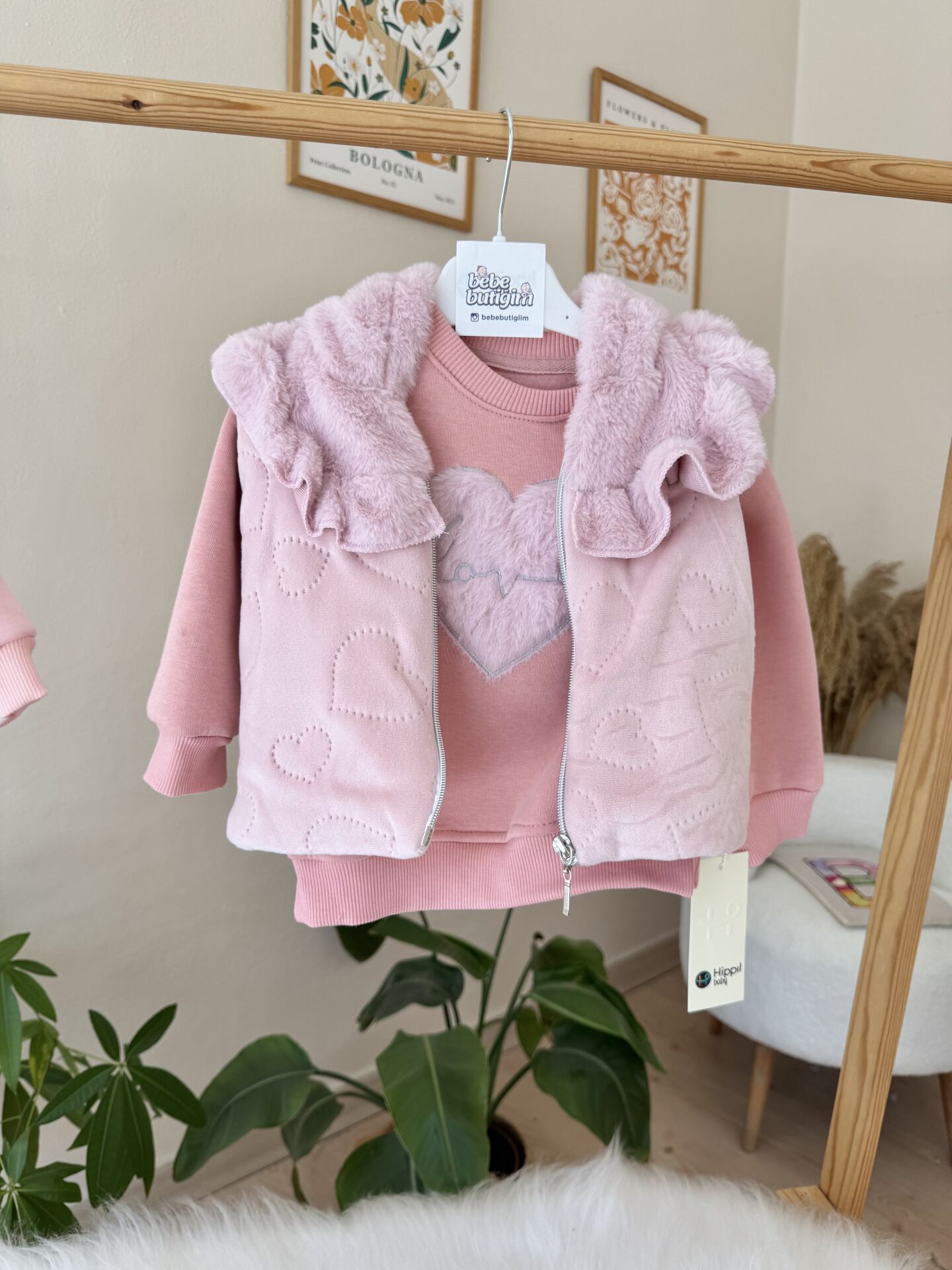 PREMİUM gül kurusu kalpli kürk detaylı 3’lü takım