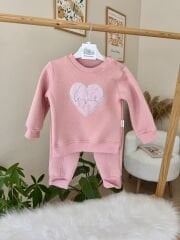 PREMİUM gül kurusu kalpli kürk detaylı 3’lü takım