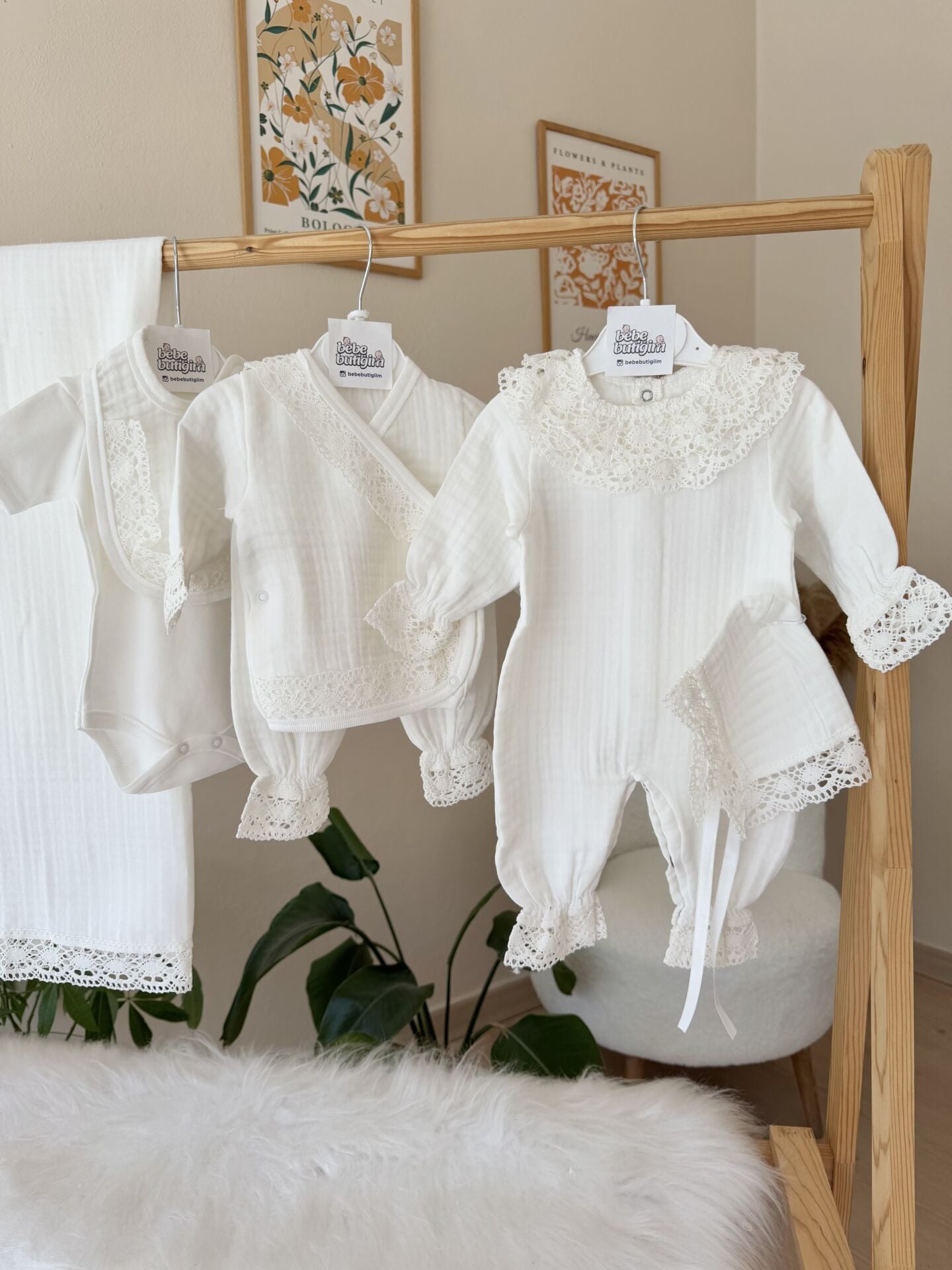 PREMİUM MÜSLİN güpürlü tulumlu 10 parça set