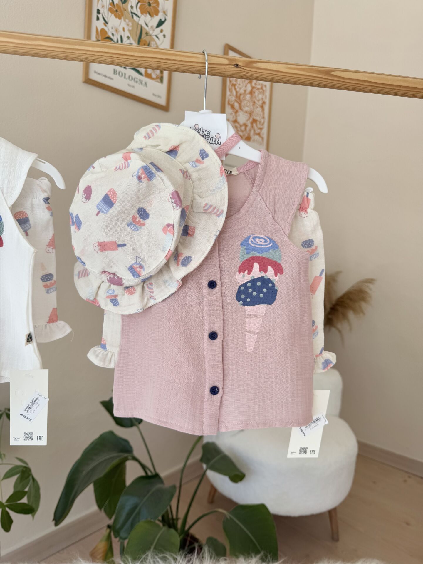 Premium müslin dondurmalı şapkalı 3’lü takım