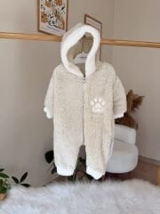 Bej kapüşonlu peluş tulum