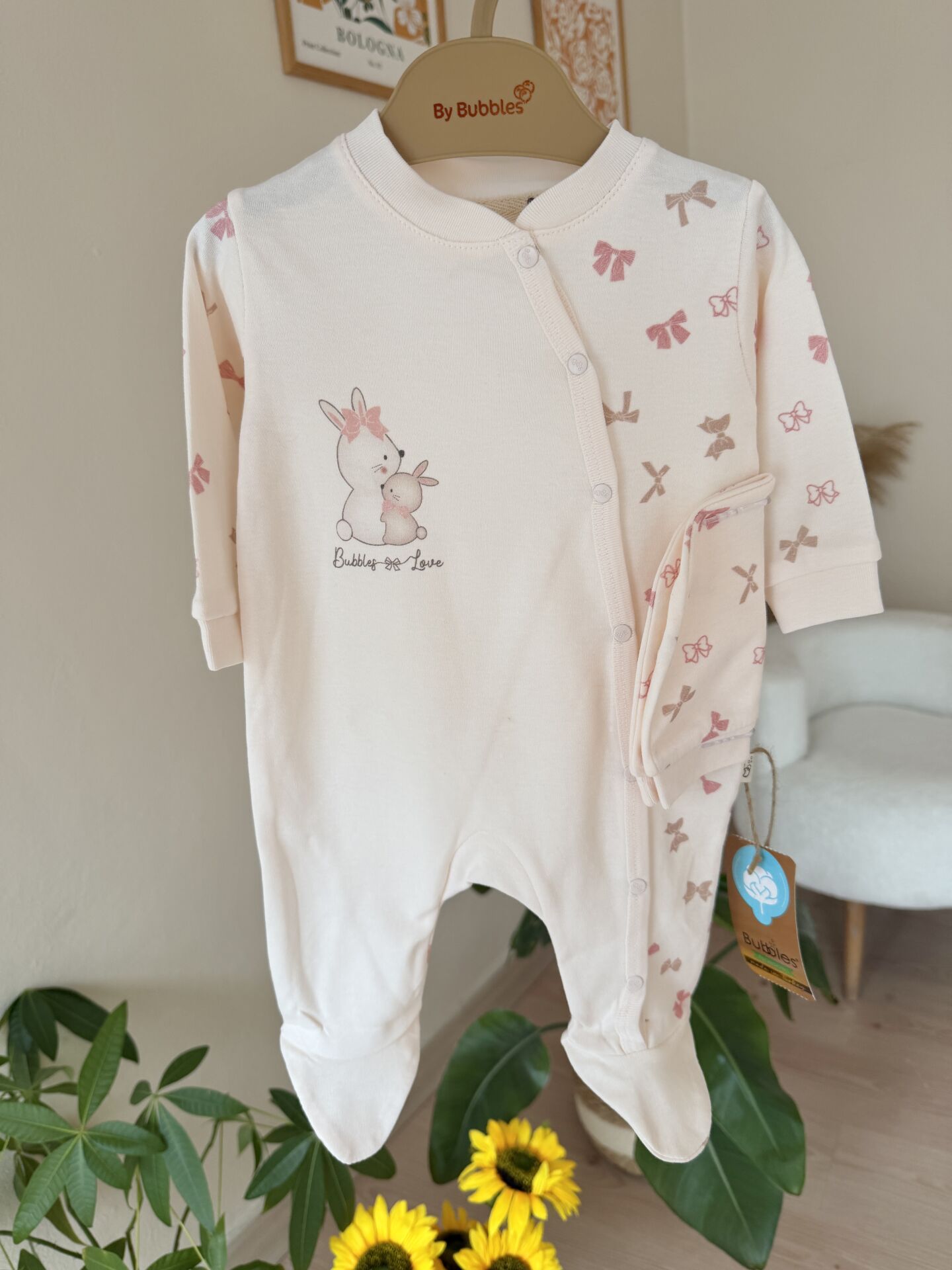 Organik pembe fiyonklu tavşan tulum