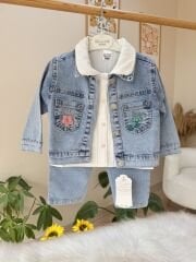 Nakışlı kot ceketli 3’lü takım