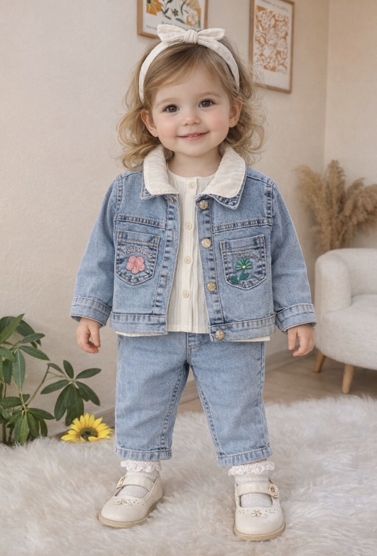 Nakışlı kot ceketli 3’lü takım