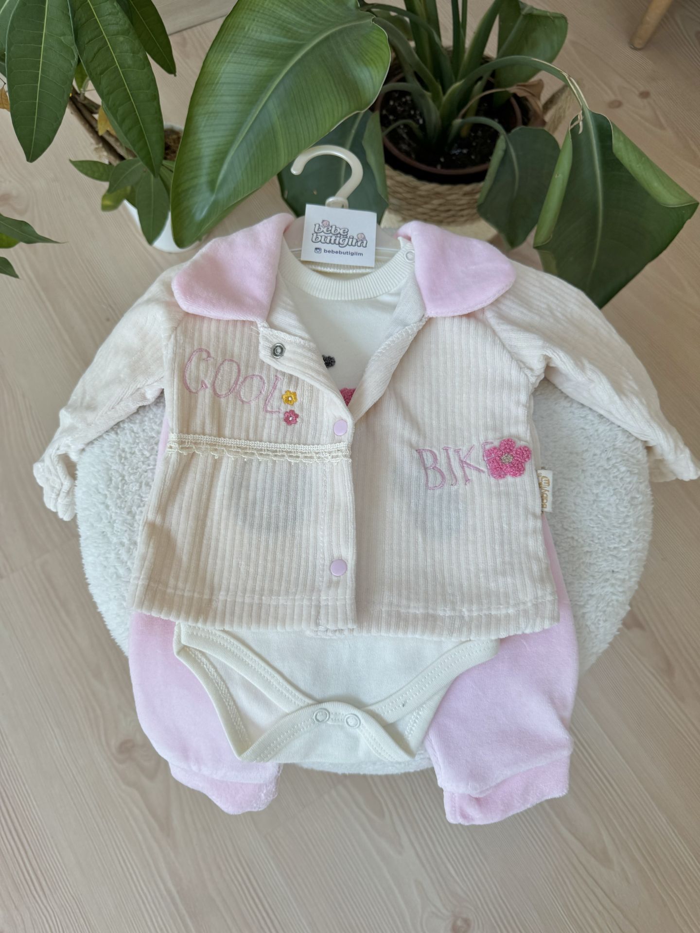 Pembe kadife bisikletli 3’lü takım