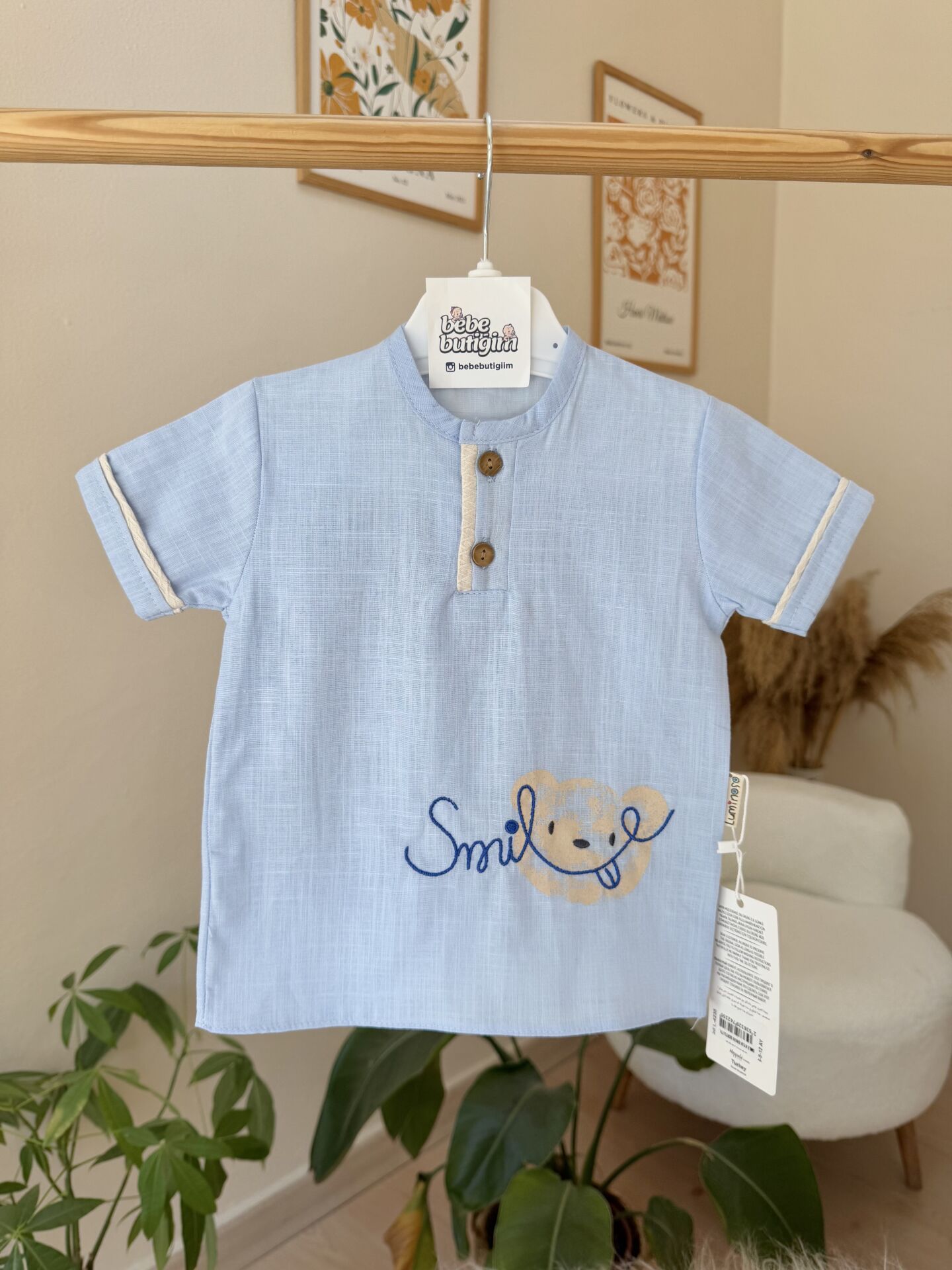 PREMİUM Bebe mavisi smile şortlu takım