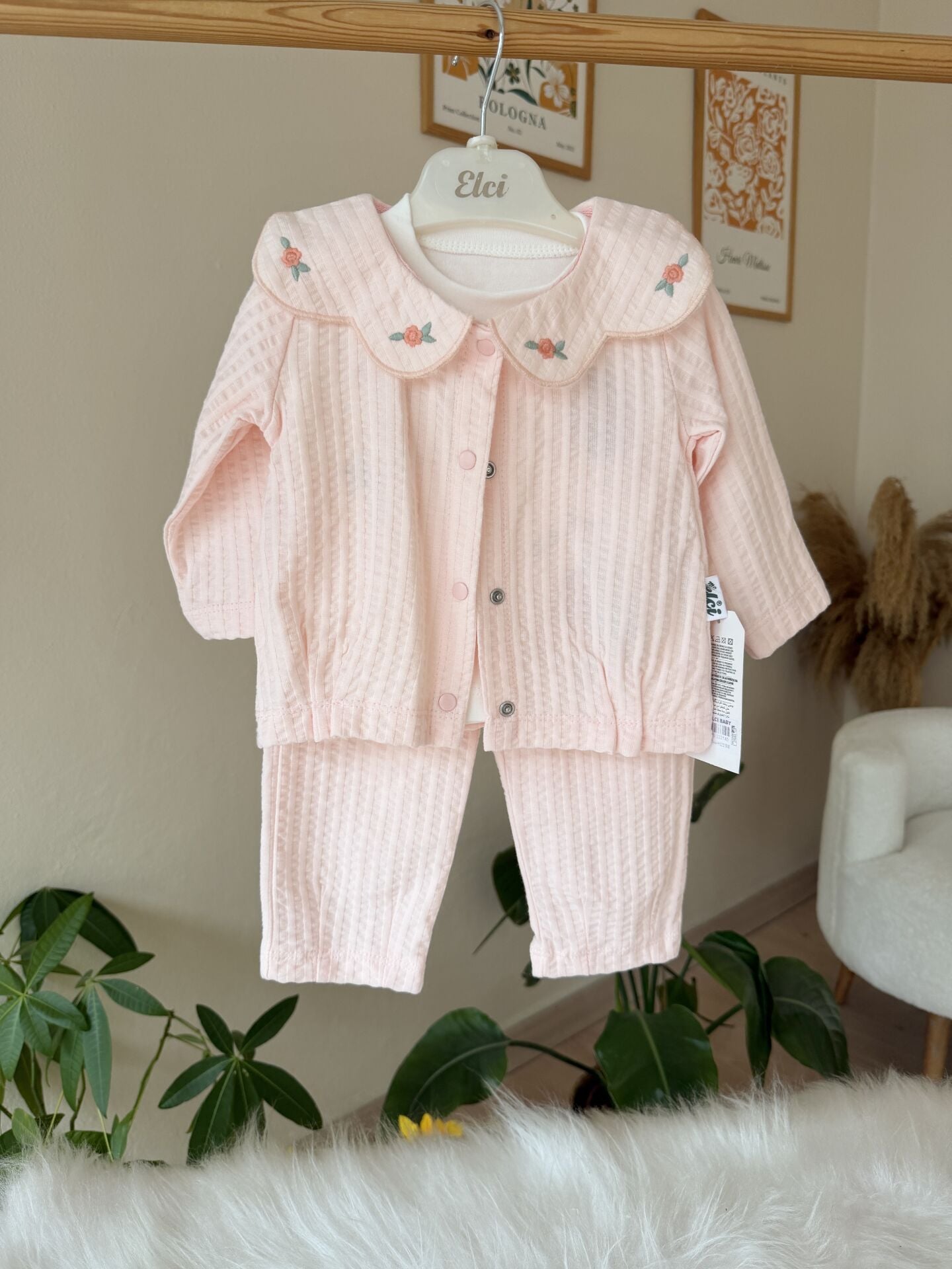 Pudra çiçek yakalı 3’lü takım