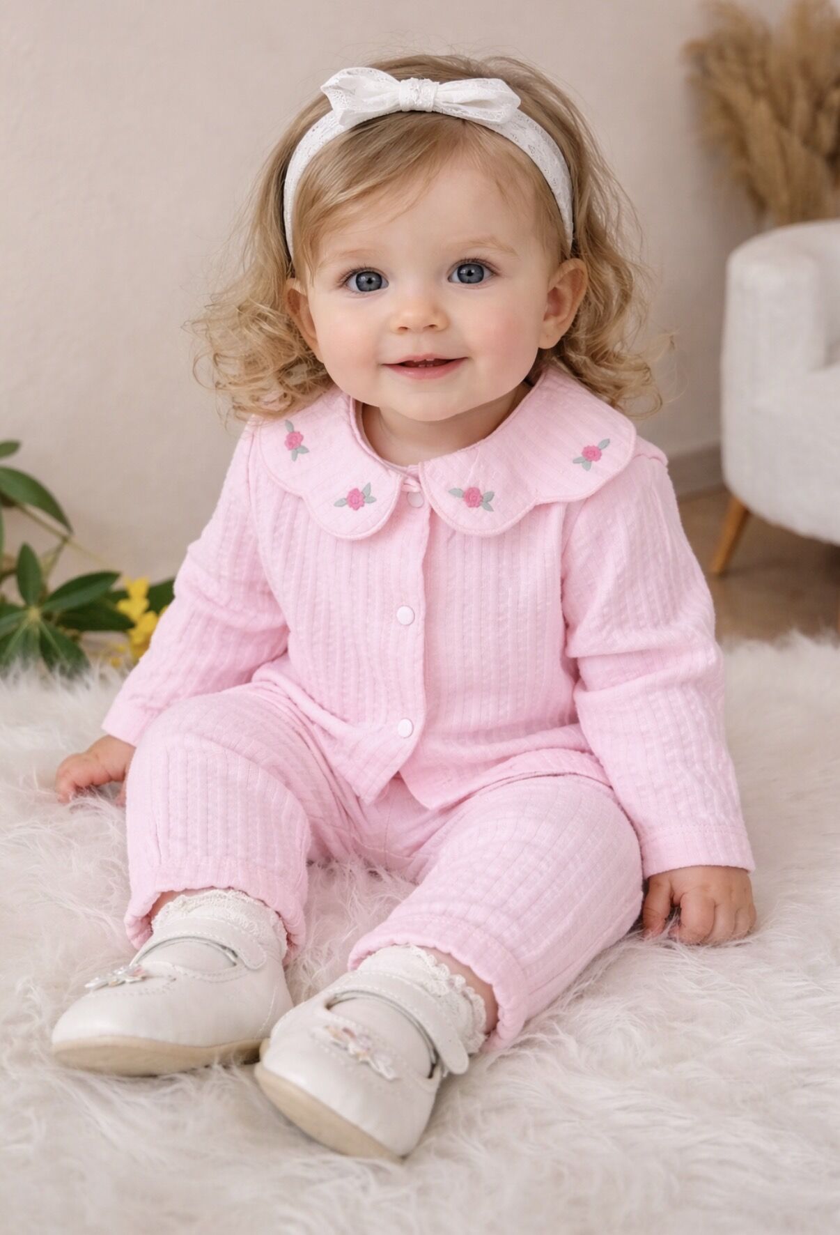 Pembe çiçek yakalı 3’lü takım