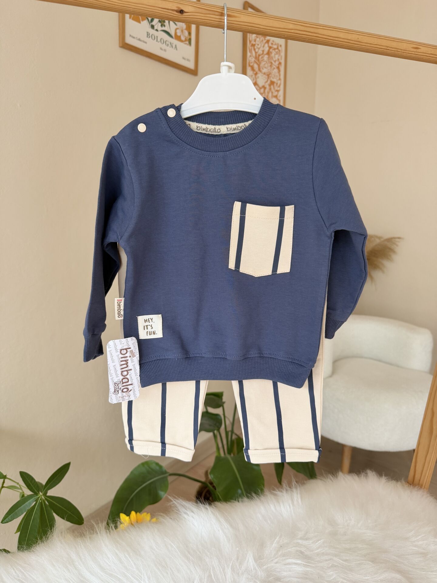 Lacivert çizgili cepli 2’li takım