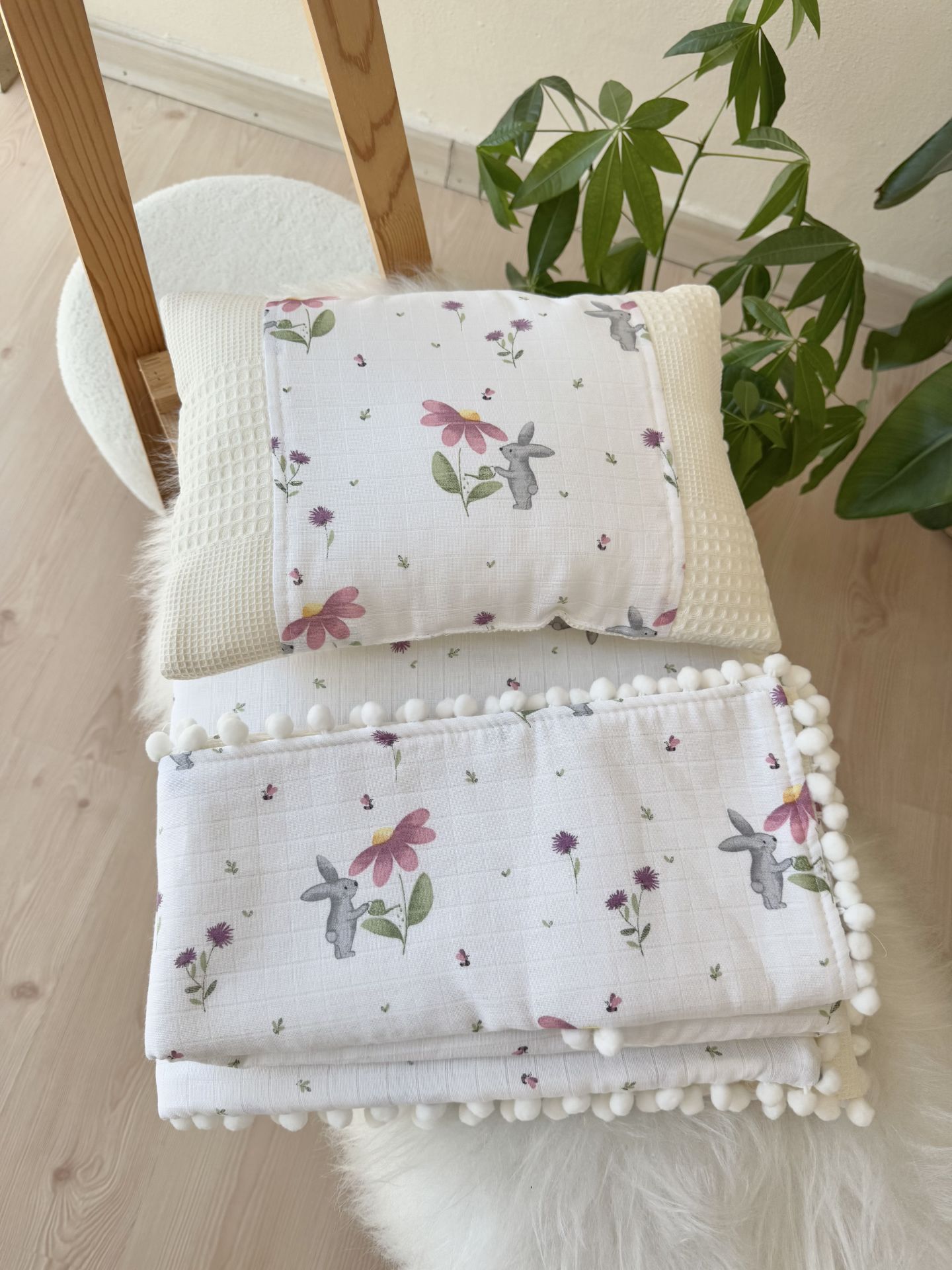 Pembe çiçek pike battaniyeli 3 parça alt açma set