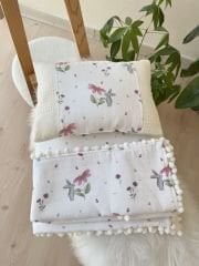 Pembe çiçek pike battaniyeli 3 parça alt açma set