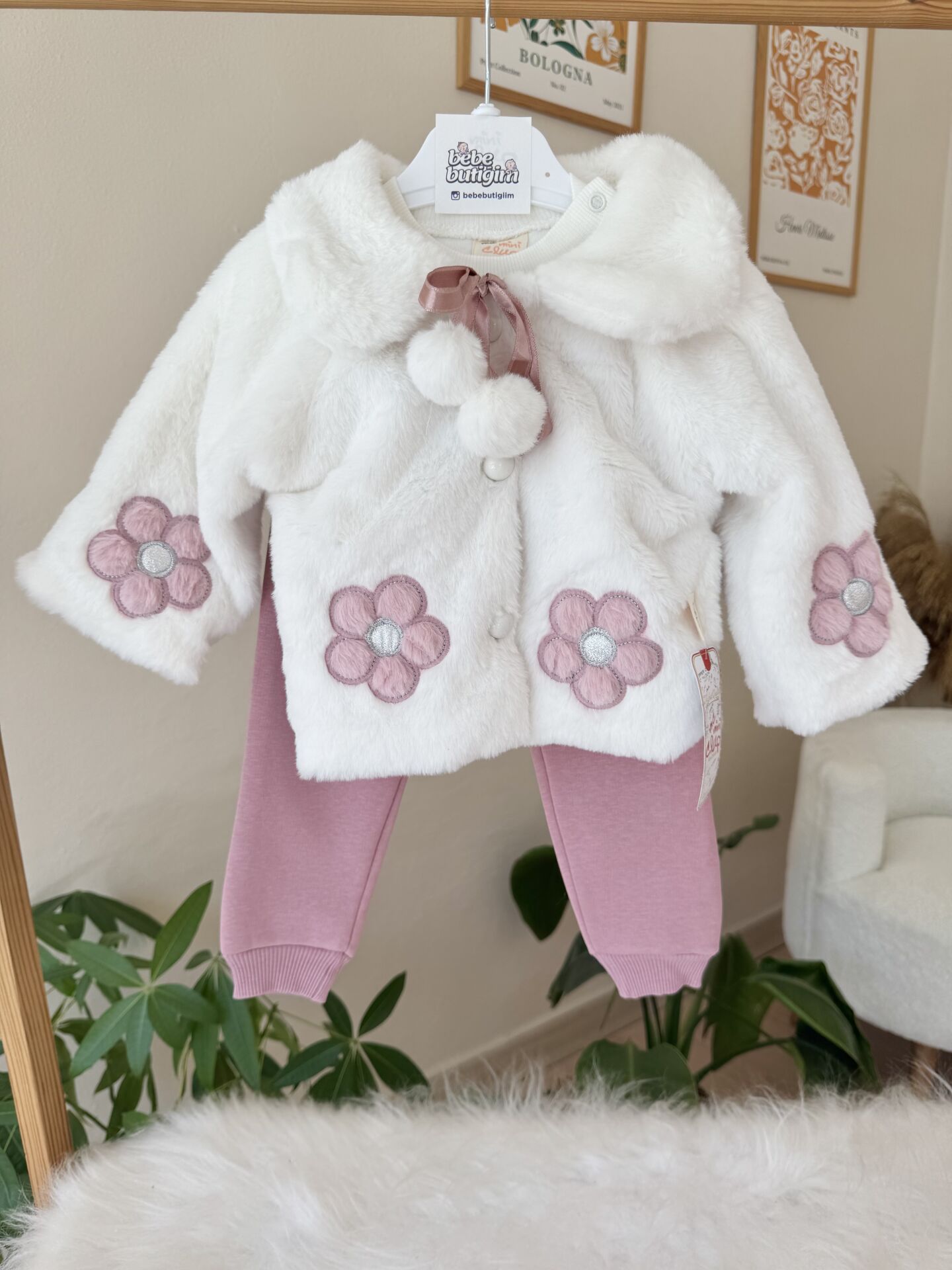 PREMİUM beyaz kürklü papatya 3’lü takım