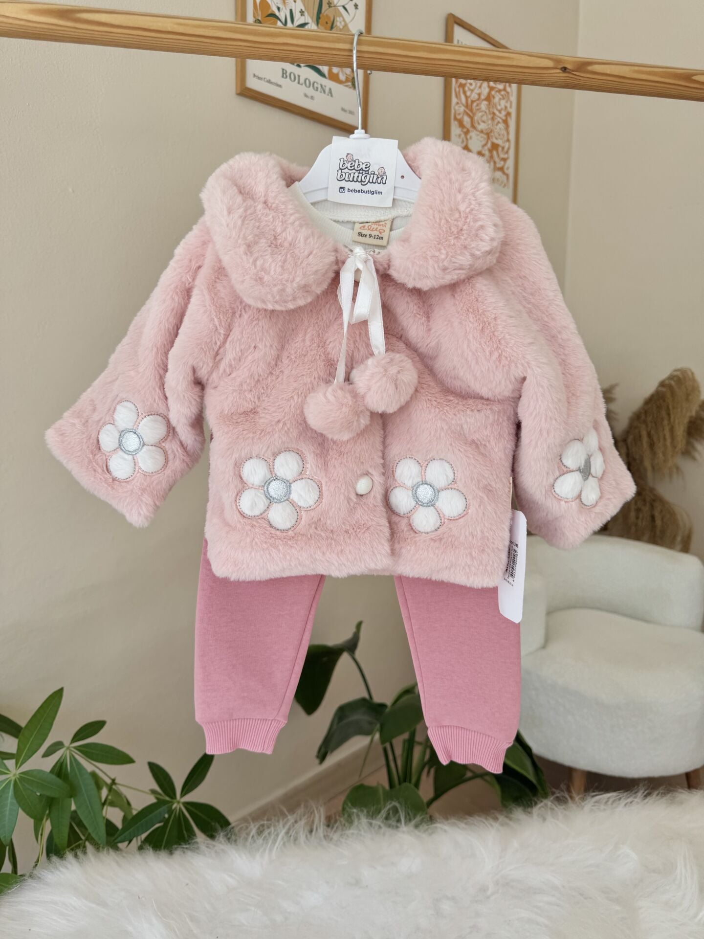 PREMİUM pudra kürklü papatya 3’lü takım