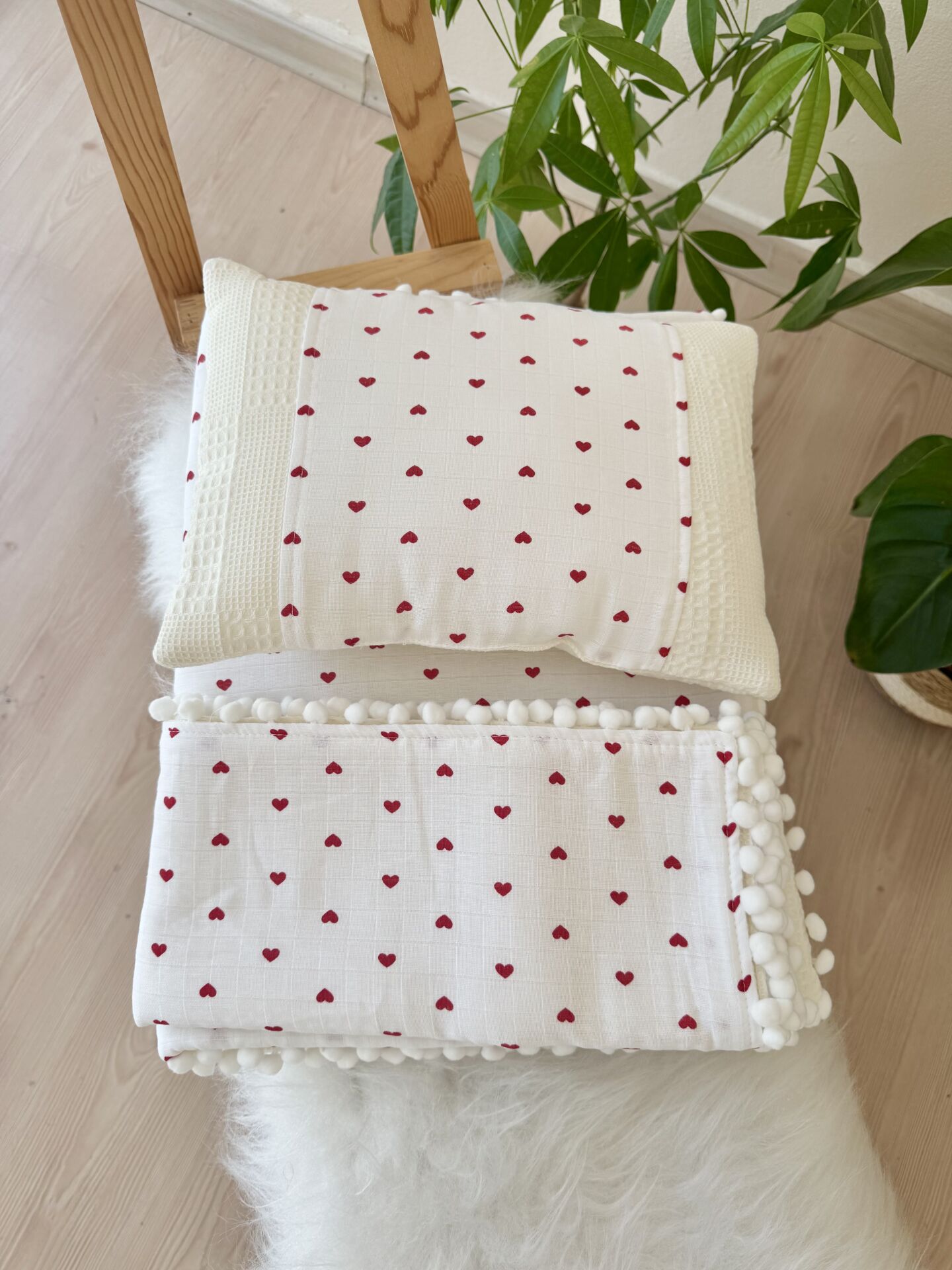 Kalp desenli pike battaniyeli 3 parça alt açma set