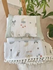 Yeşil sevimli desen 3 parça pike battaniyeli alt açma set