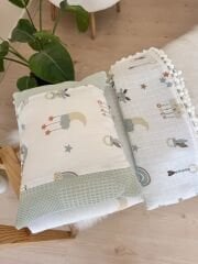 Yeşil sevimli desen 3 parça pike battaniyeli alt açma set