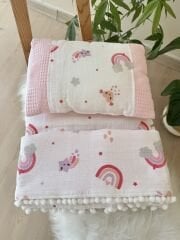 Pembe gökkuşaklı pike battaniyeli 3 parça alt açma set