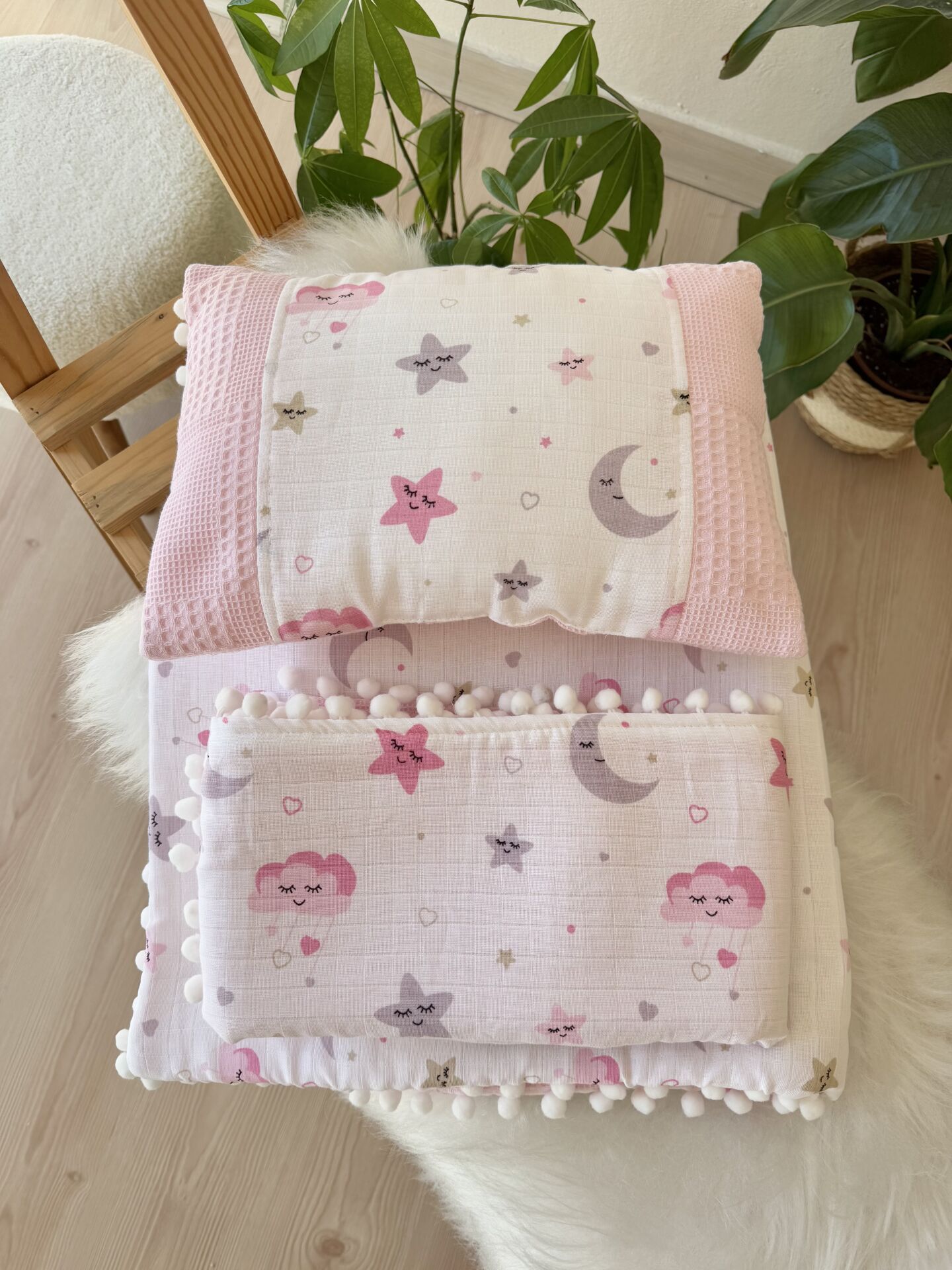 Pembe ay yıldız pike battaniyeli 3 parça alt açma set