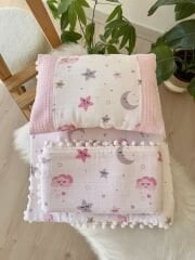 Pembe ay yıldız pike battaniyeli 3 parça alt açma set