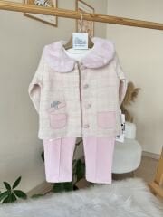 Pembe yakası kürklü 3’lü ceketli takım