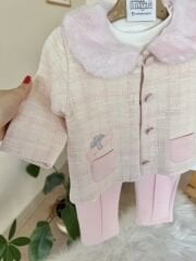 Pembe yakası kürklü 3’lü ceketli takım
