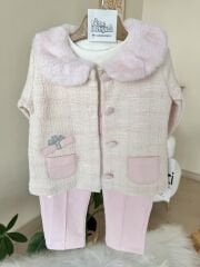 Pembe yakası kürklü 3’lü ceketli takım