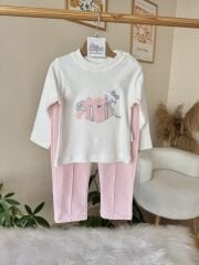 Pembe yakası kürklü 3’lü ceketli takım