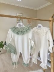 Tasarım yeşil güpürlü tulum ve bere