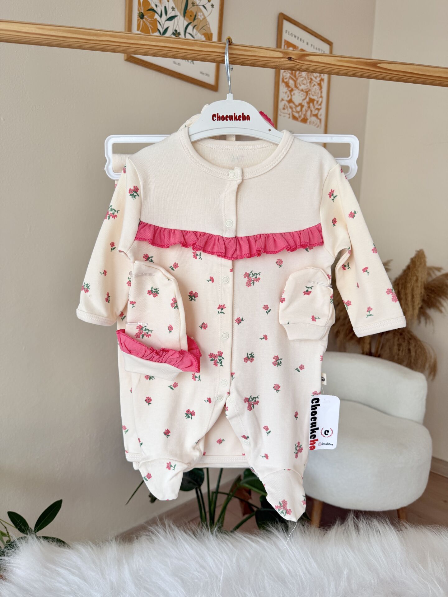 Pembe çiçekli tulumlu battaniyeli 5’li set