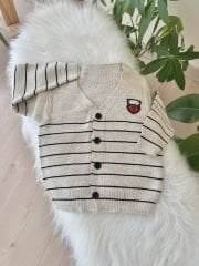 Bej çizgili triko hırka