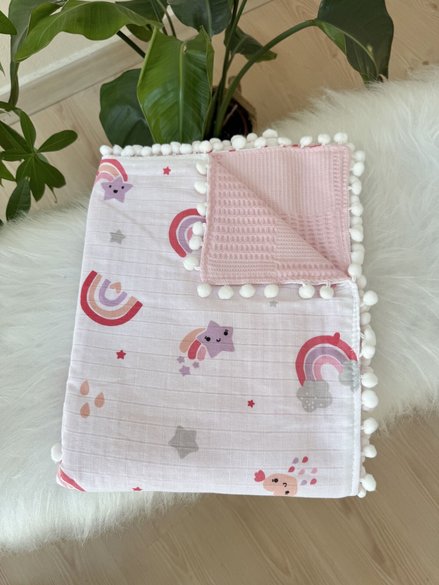 PREMİUM pembe gökkuşaklı pike battaniye