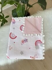 PREMİUM pembe gökkuşaklı pike battaniye