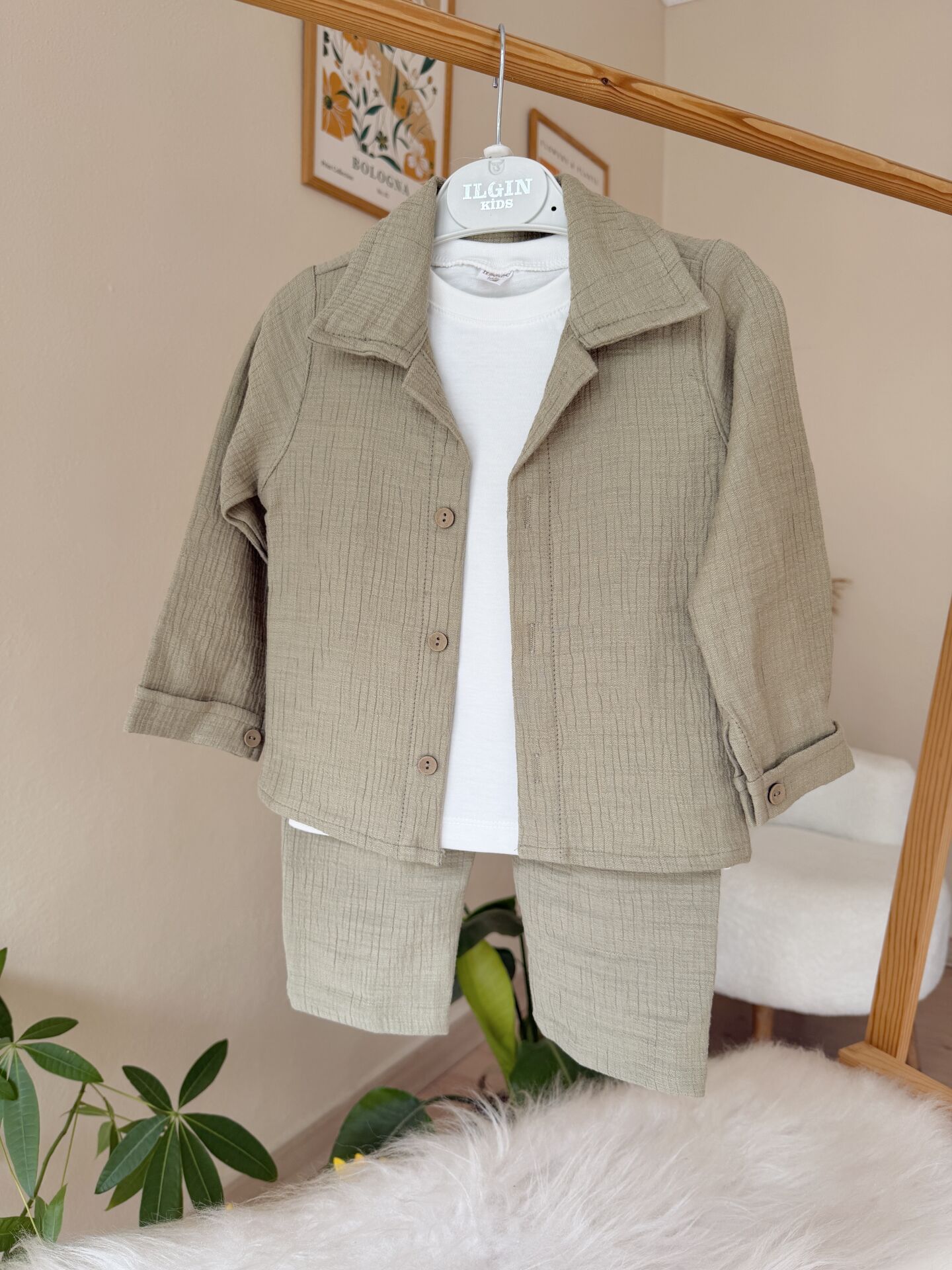 Haki gömlekli müslin 3’lü takım