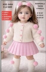 Pembe ponponlu 4 parça triko takım