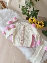 Pembe ponponlu 4 parça triko takım